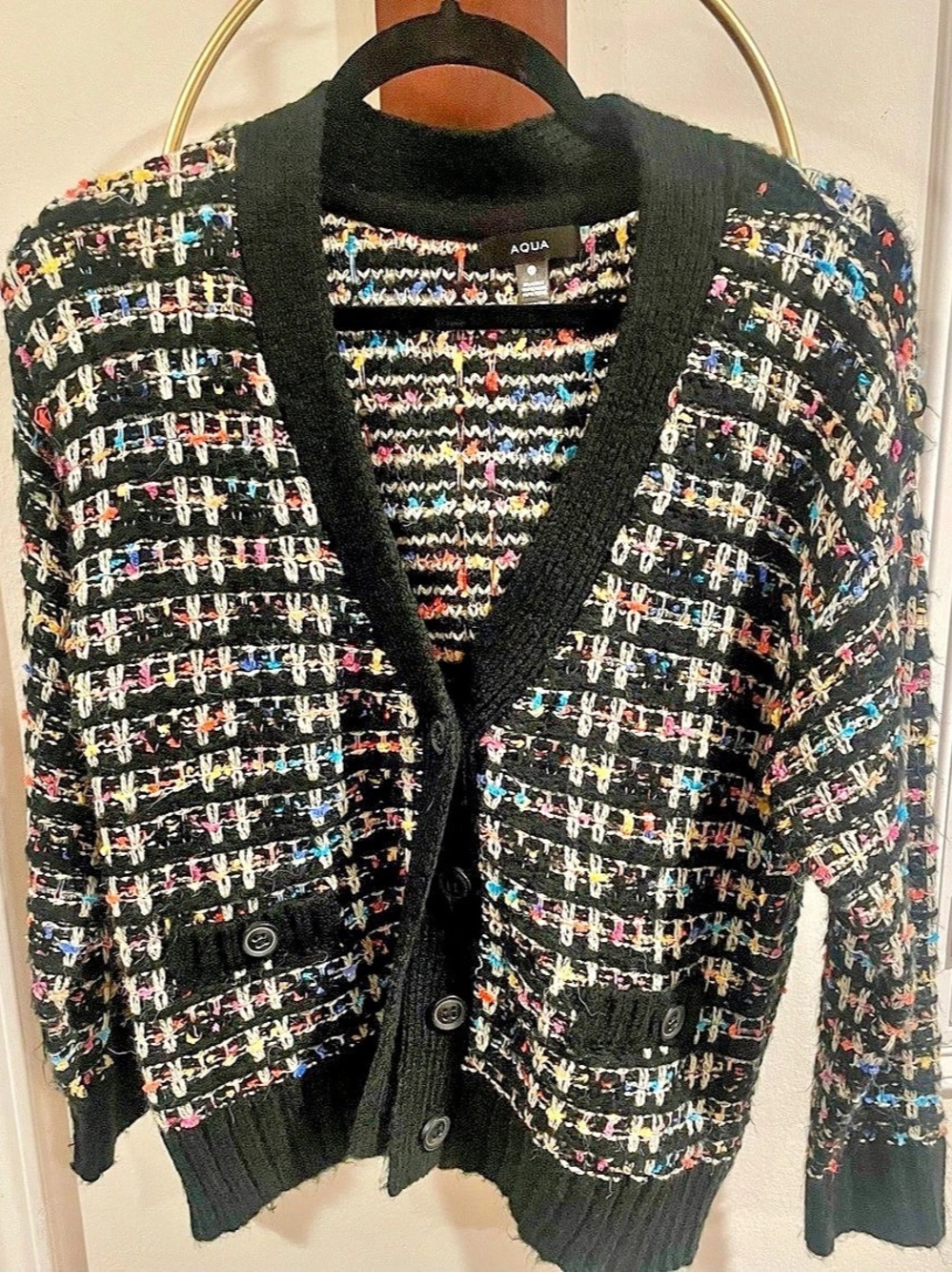 Aqua Tweed Knit Cardigan Multicolor Black XS